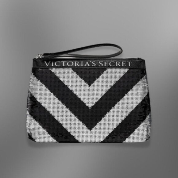 Victoria's Secret Make-up Clutch Chevron Sequin Faux Leather Black Silver OS EUC - Picture 1 of 11